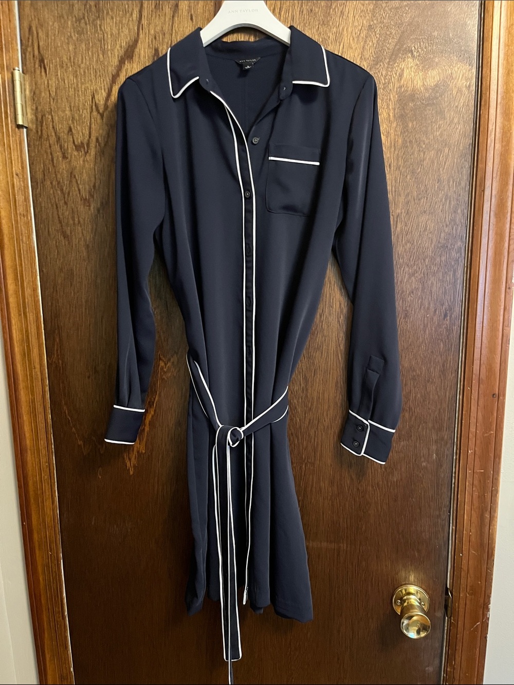 Ann Taylor Long-Sleeve Navy Shirt Dress with Contrast Piping - Removable Belt